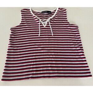 Elite Sport Pullover Lace-up Neck Striped Knit Sleeveless top blue red white L